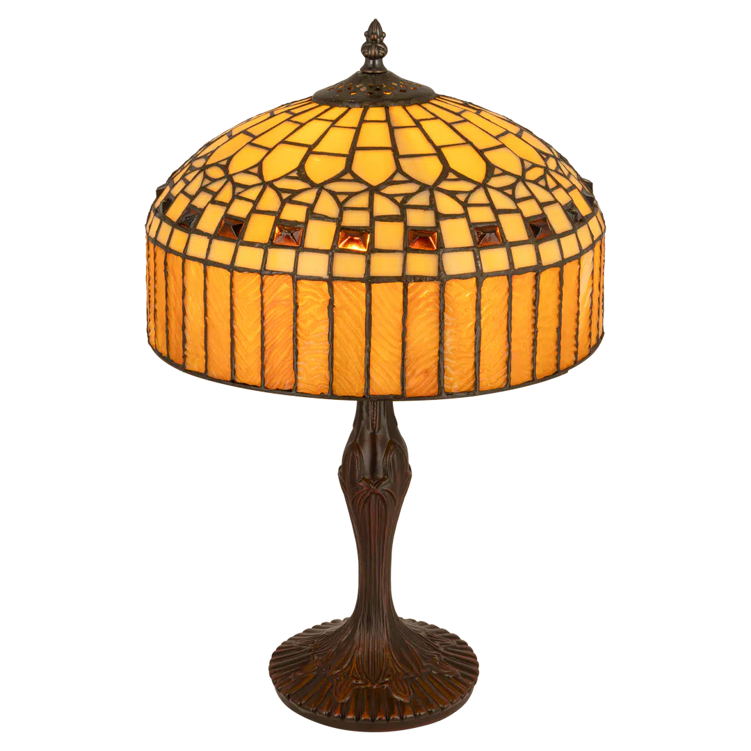 Middelgrote Roruvera Tiffany tafellamp geometrisch van glas in lood in amber-, crème- en bruintinten, brandend