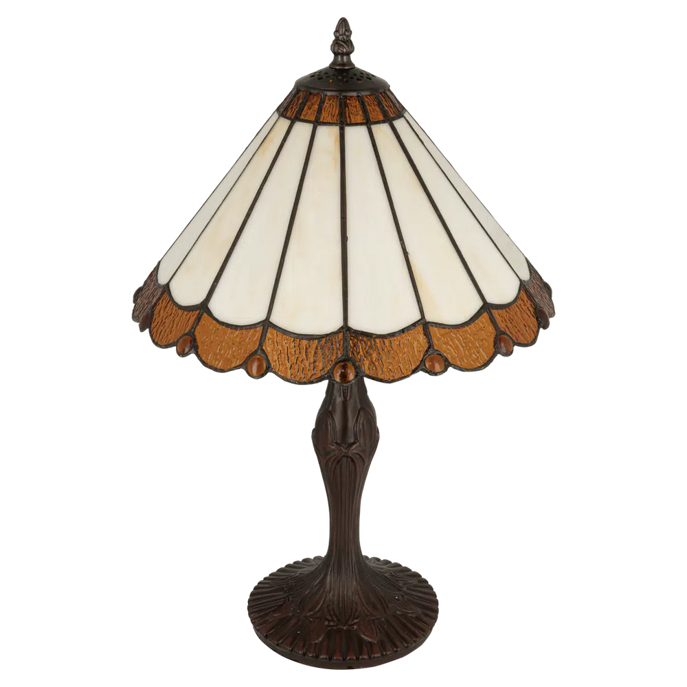Middelgrote Roruvera Tiffany tafellamp klassiek rustig van glas in lood in crème-, amber- en bruintinten, brandend