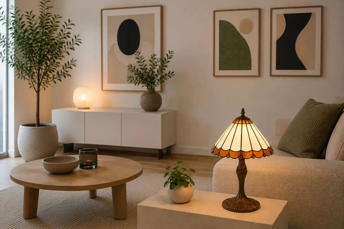 De Tiffany tafellamp staat in een lichte, moderne woonomgeving met rustige lijnen, zachte neutrale tinten en enkele groene planten. Juist het contrast tussen het strakke interieur en de klassieke vorm van de lamp maakt het geheel interessant. De warme amberkleurige rand geeft de moderne ruimte een zachter en persoonlijker karakter | RORUVERA