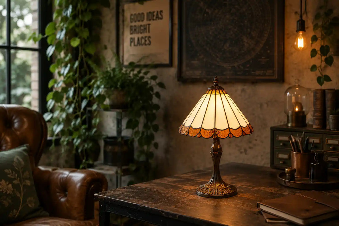 De Tiffany tafellamp staat op een robuuste donkere tafel in een creatieve ruimte met veel groen, een leren fauteuil, industriële details en grafische wanddecoratie. Het warme licht contrasteert met de stoerdere materialen en maakt de ruimte persoonlijker. Hierdoor voelt de lamp minder als decoratie en meer als een karaktervol onderdeel van de plek | RORUVERA