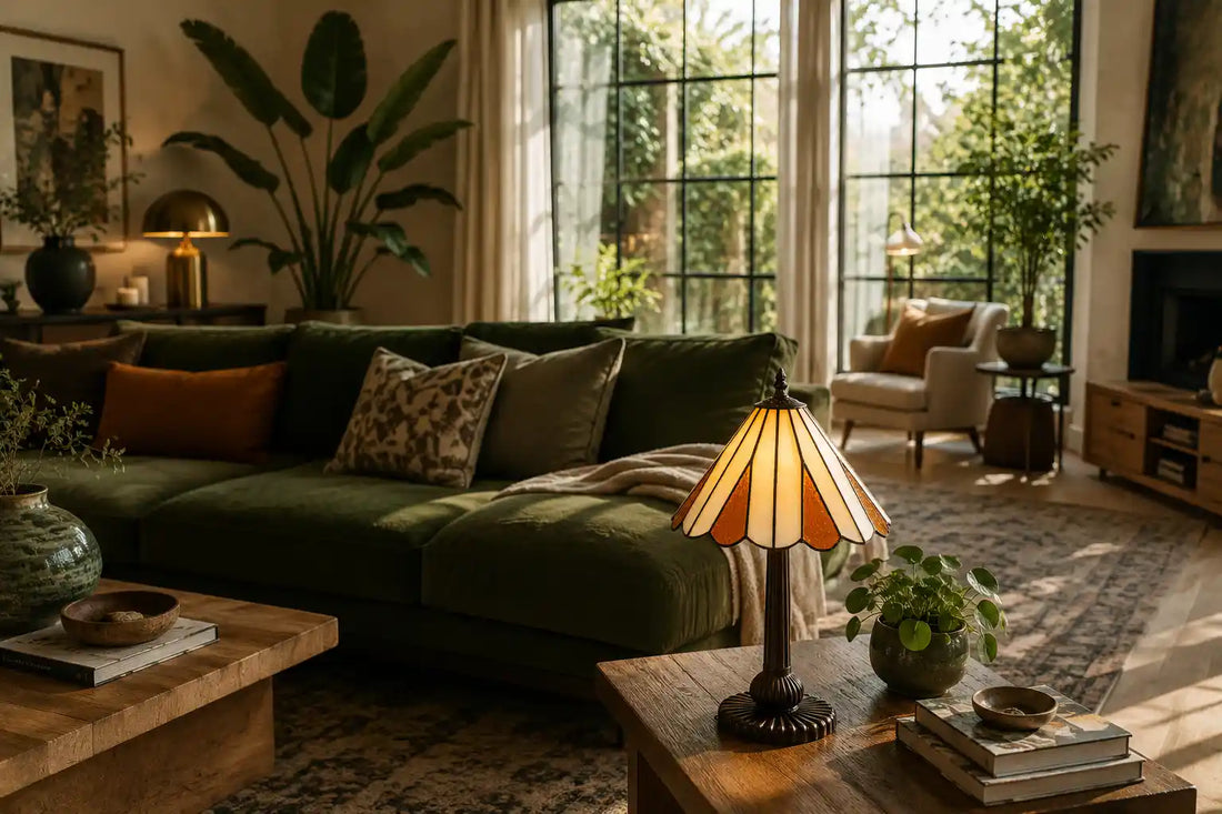 De Tiffany tafellamp staat in een ruime woonkamer met een grote donkergroene bank, houten meubels, verschillende fauteuils, planten, kunst en hoge ramen. Het warme crème- en amberkleurige licht vormt een natuurlijk contrast met het diepe groen. Ondanks de grootte en vele elementen in de kamer weet de lamp aandacht te trekken zonder de ruimte te overheersen | RORUVERA