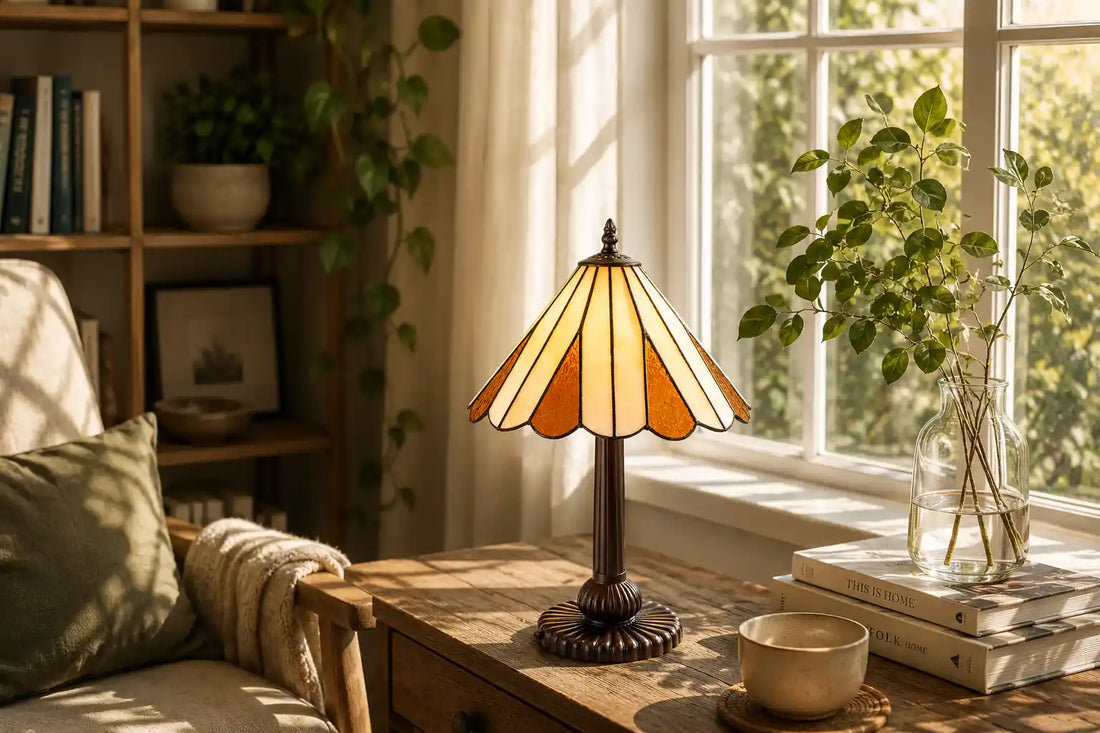 De Tiffany tafellamp staat in een rustige, lichte zithoek direct bij een groot raam. Het natuurlijke zonlicht valt over het houten meubel en laat de crème- en amberkleurige glaspanelen ook overdag spreken. Planten en natuurlijke materialen geven de omgeving een ontspannen karakter. De lamp voelt hier niet als een los decoratiestuk, maar als een vanzelfsprekend onderdeel van de woonruimte | RORUVERA