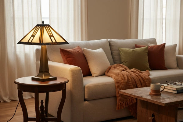 Tiffany tafellamp met geometrische crème en amberkleurige kap op ronde houten bijzettafel naast lichte bank in een moderne woonkamer | RORUVERA