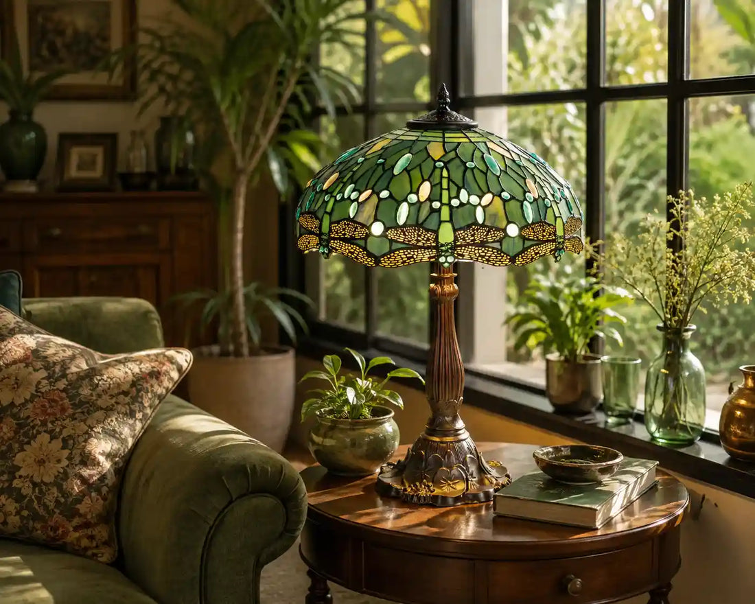 De groene Tiffany tafellamp staat in een sfeervolle zithoek bij grote ramen, omringd door planten, hout en natuurlijke groentinten. Het zonlicht verbindt binnen en buiten, terwijl de verlichte libellen en groene glaspanelen van de kap aansluiten bij de kleuren van de omgeving. De lamp valt op, maar voelt tegelijkertijd alsof hij hier altijd al heeft gestaan | RORUVERA