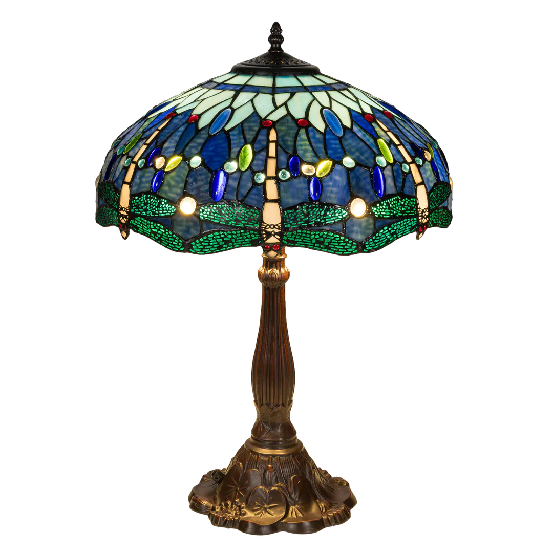 Grote Roruvera Tiffany tafellamp libellen van glas in lood in blauw-, groen- en turquoise­tinten, brandend