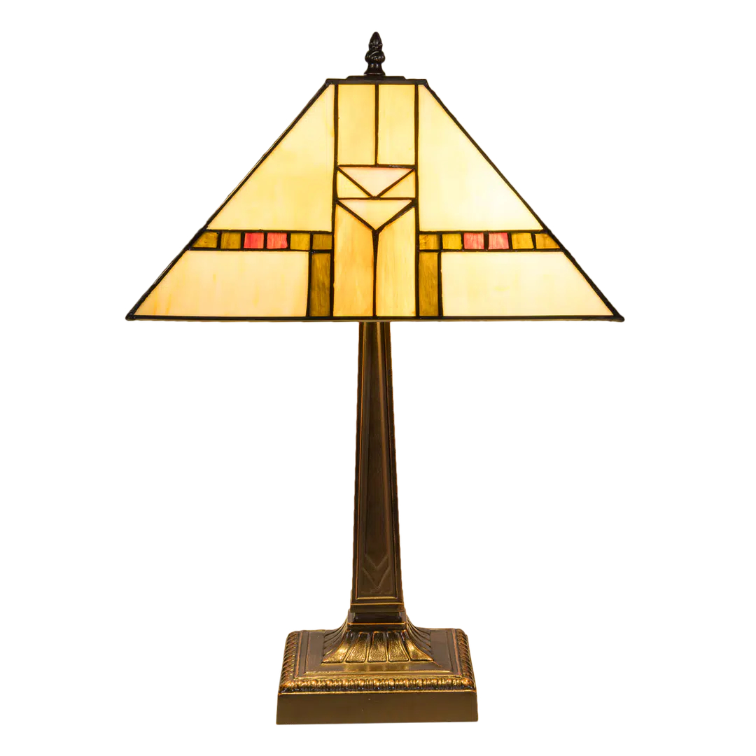 Grote Roruvera Tiffany tafellamp art deco vierkante kap van glas in lood in crème-, amber- en roodtinten, brandend