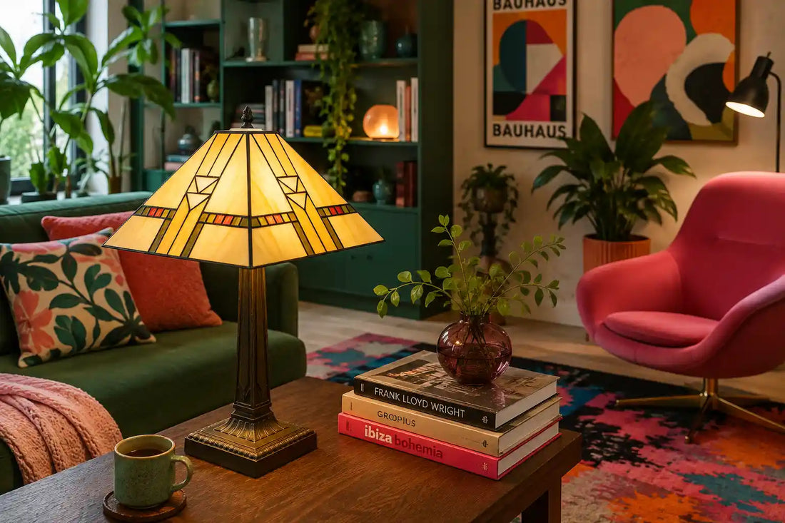 Tiffany tafellamp met crème glas en sierlijke blauw-groene accenten in een moderne woonkamer met groene fauteuil, planten, kunst en boeken | RORUVERA
