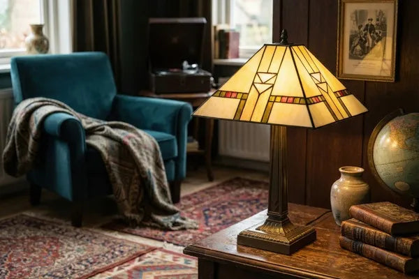 Tiffany tafellamp met crème glas, sierlijk geometrisch patroon en blauw-groene accenten op houten bijzettafel naast bruine fauteuil | RORUVERA