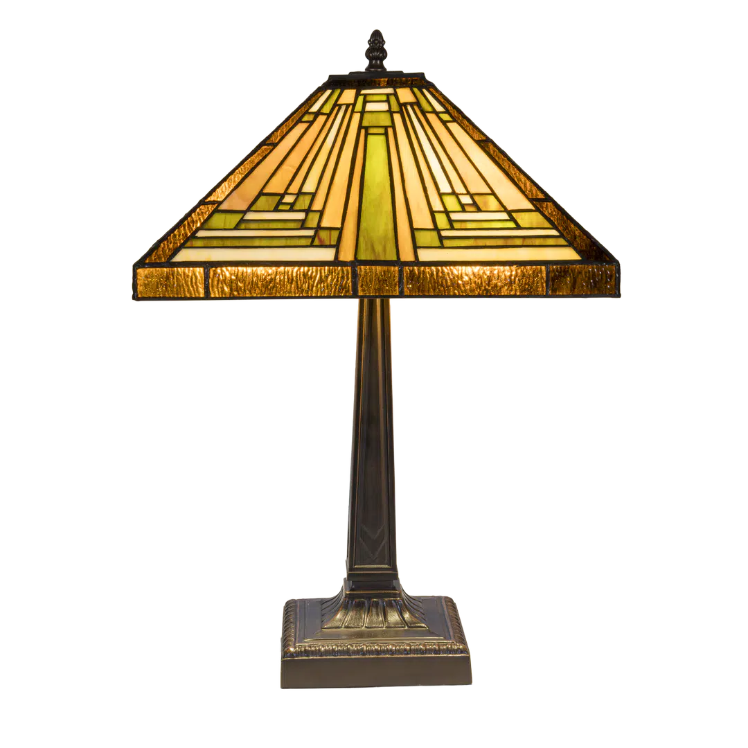 Grote Roruvera Tiffany tafellamp Mission stijl vierkante kap van glas in lood in amber-, groen- en crèmetinten, brandend
