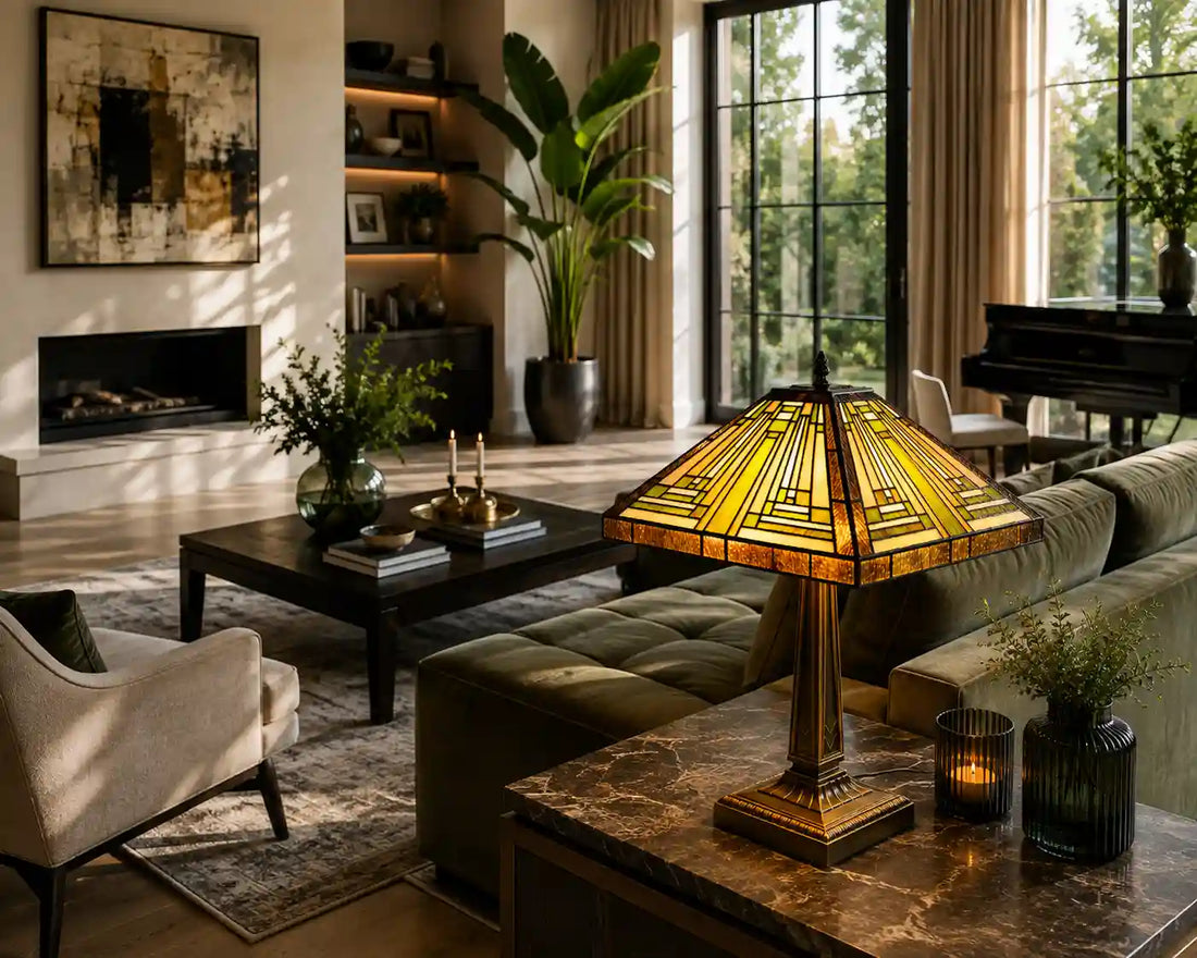 Tiffany tafellamp met geometrisch patroon in crème, amber en groen glas-in-lood in een ruime moderne woonkamer met groene bank, grote ramen en eigentijdse meubels | RORUVERA