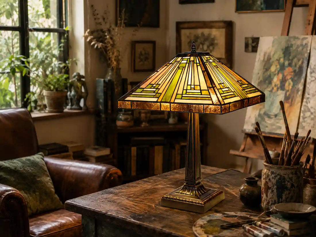 Tiffany tafellamp met geometrische kap in crème, amber en groen glas-in-lood, sfeervol geplaatst in een artistiek interieur met schilderijen, planten en natuurlijke materialen | RORUVERA