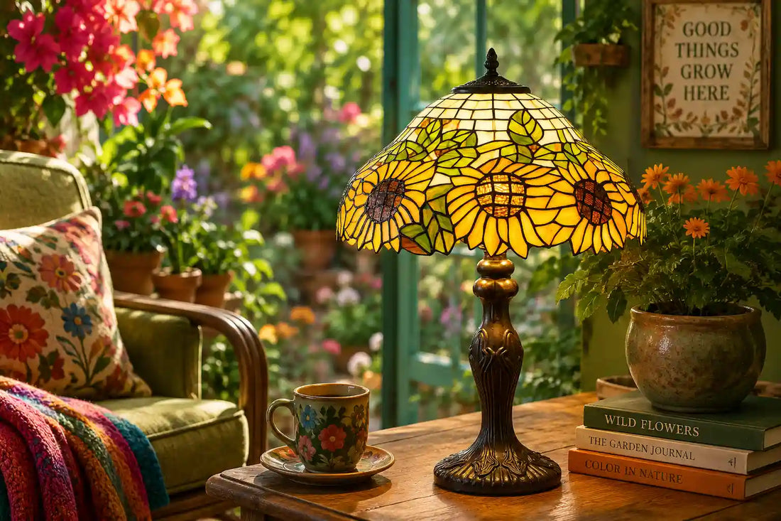 Tiffany tafellamp met gele zonnebloemen en groene bladeren op houten tafel in kleurrijke, groene omgeving met planten en bloemen | RORUVERA