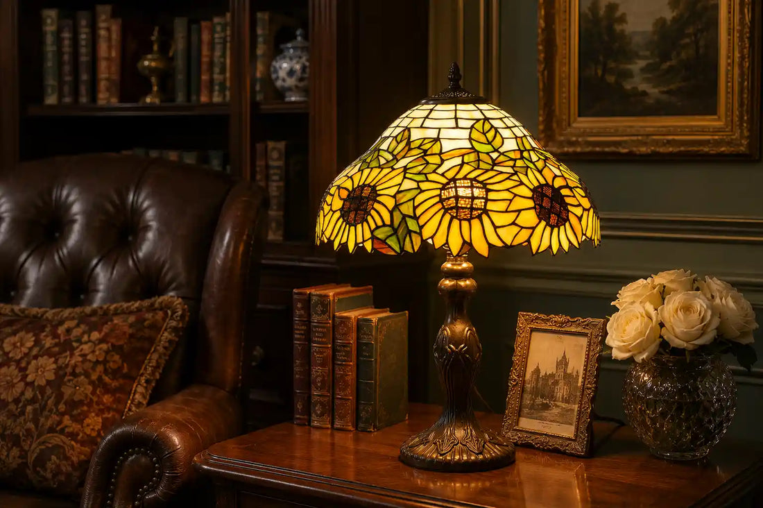 Tiffany tafellamp met gele zonnebloemen en groene bladeren op klassieke houten tafel naast leren fauteuil, boeken en witte rozen | RORUVERA