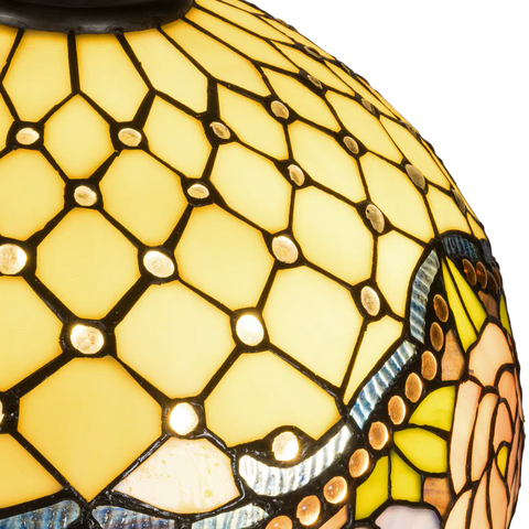 Detail Tiffany tafellamp rozen van glas in lood in crème-, groen- en rozetinten