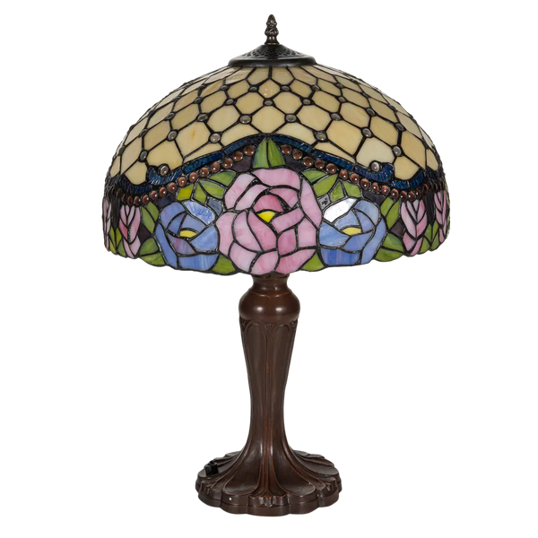 Grote Tiffany tafellamp rozen van glas in lood in crème-, groen- en rozetinten, uitgeschakeld