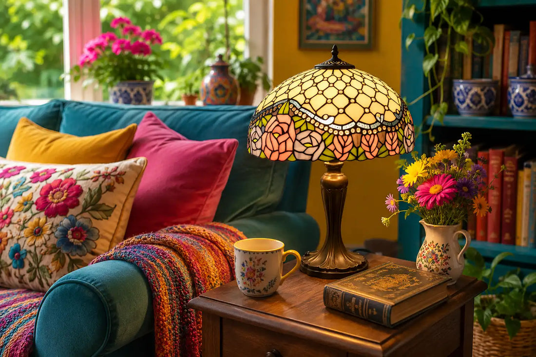7044 - Tiffany tafellamp met rozenmotief in roze, crème en groen in een ezellige woonkamer | RORUVERA