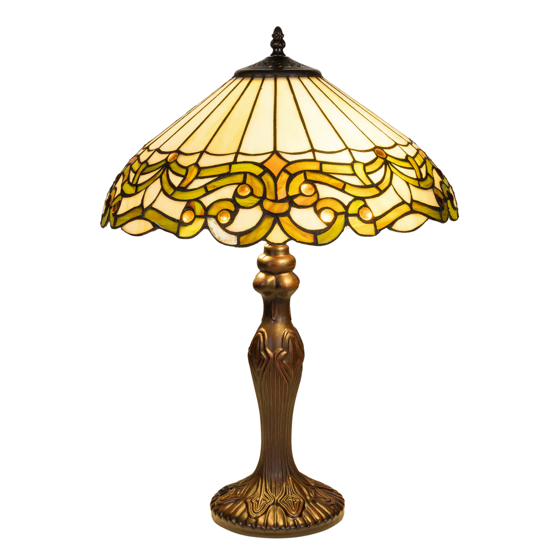 Grote Roruvera Tiffany tafellamp art nouveau van glas in lood in crème-, groen- en geeltinten, brandend