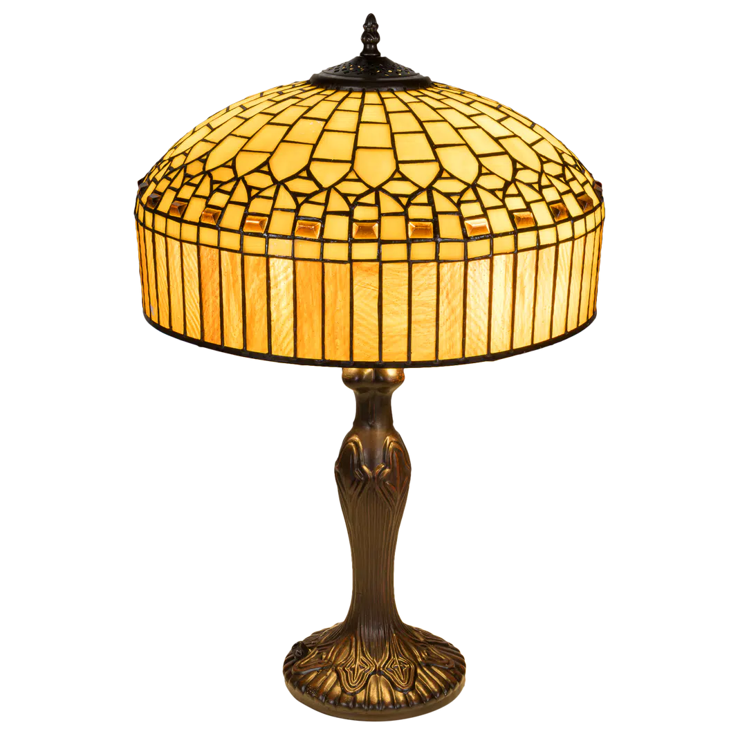 Grote Roruvera Tiffany tafellamp geometrisch van glas in lood in crème-, amber- en geeltinten, brandend