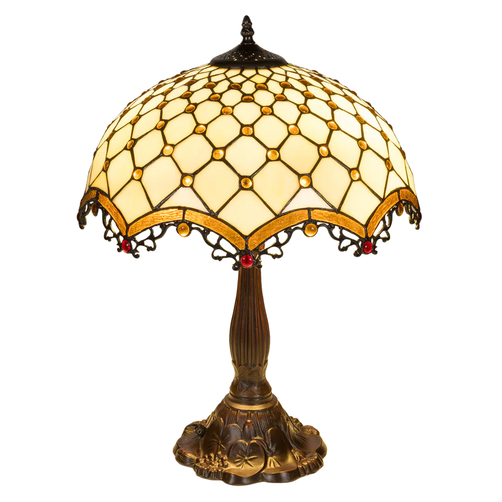 Tiffany tafellamp – Ø 41 × H 56 cm – Ruitpatroon & Cabochons (Art. 7047)