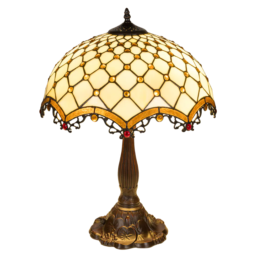 Grote Roruvera Tiffany tafellamp ruitpatroon  van glas in lood in crème-, amber- en rodetinten met  sierrand, brandend
