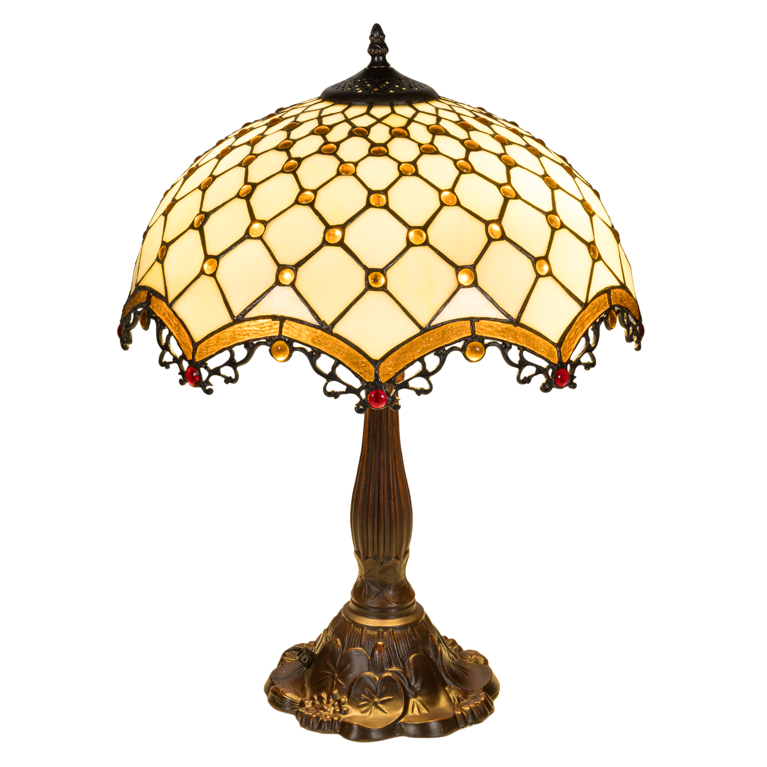 Tiffany tafellamp – Ø 41 × H 56 cm – Ruitpatroon & Cabochons (Art. 7047)