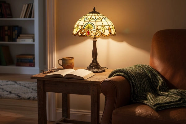 Tiffany tafellamp met crème glas, geometrische details en kleurrijke accenten op houten bijzettafel naast bruine leren fauteuil en open boek | RORUVERA