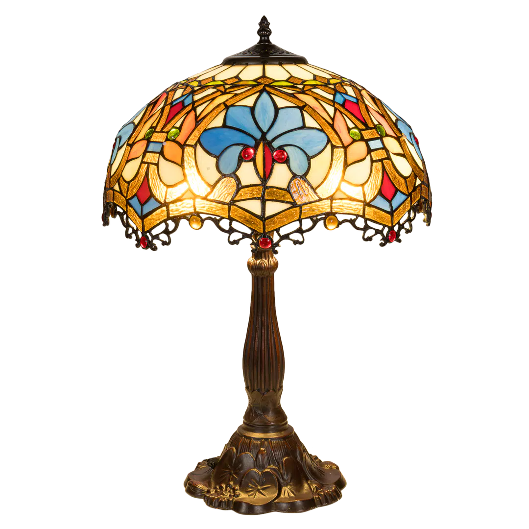 Grote Roruvera Tiffany tafellamp art nouveau  van glas in lood in crème-, blauw- en geeltinten met  sierrand, brandend