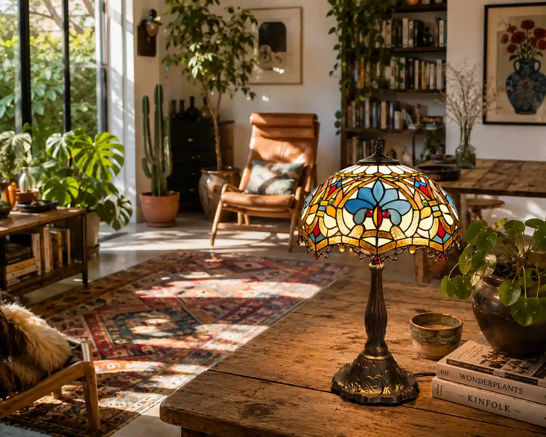 Kleurrijke Tiffany tafellamp in lichte eclectische woonruimte met planten, kunst en warme houttinten | RORUVERA