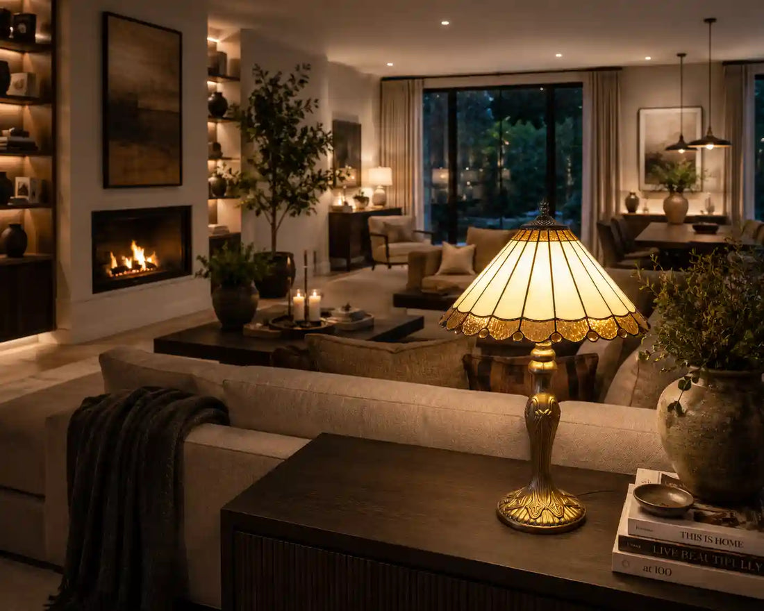 Crème en amberkleurige Tiffany tafellamp als warm lichtaccent achterin een ruime moderne woonkamer | RORUVERA