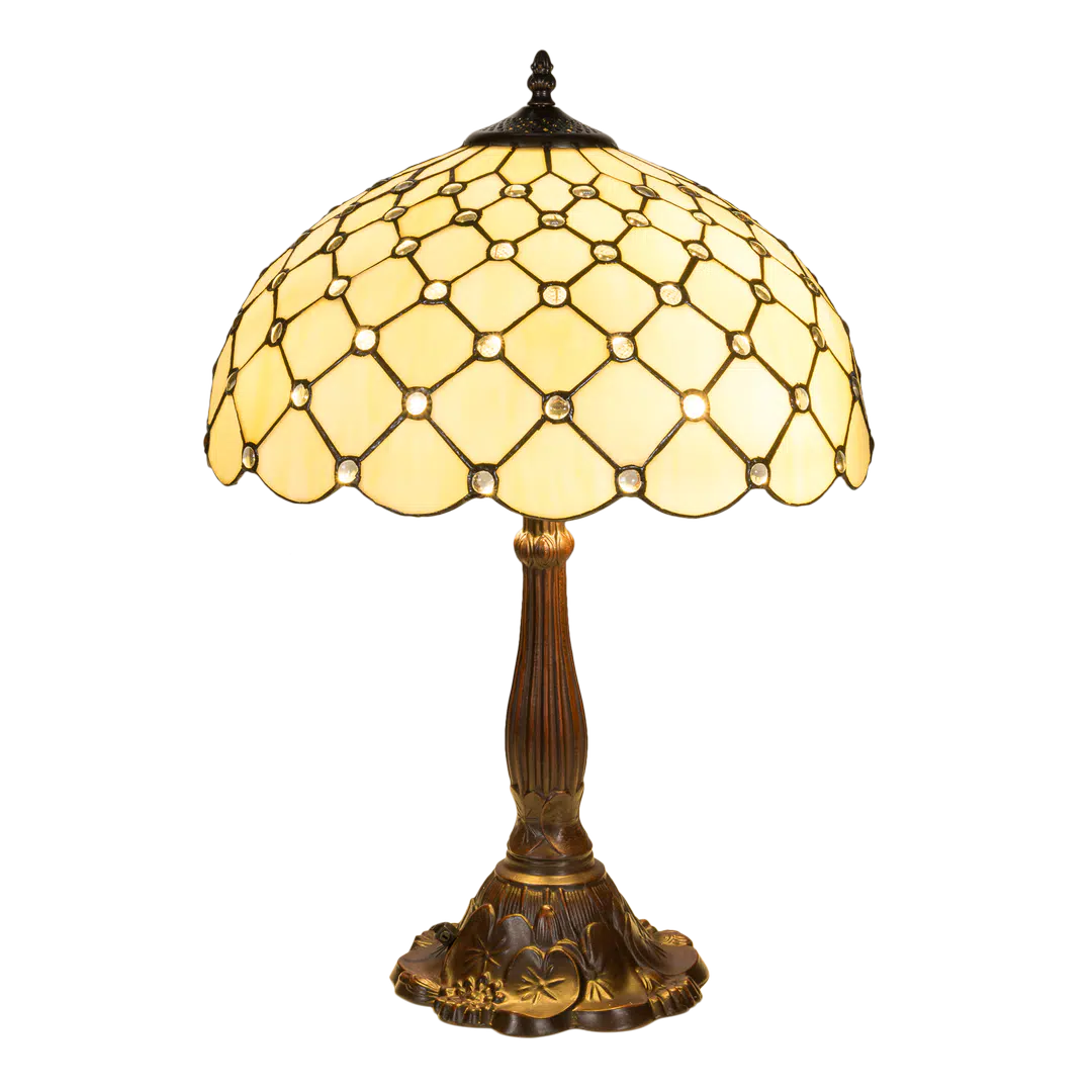 Tiffany tafellamp – Ruitpatroon & Glasjuweeltjes – Ø 40 × H 57 cm (Art. 7051)