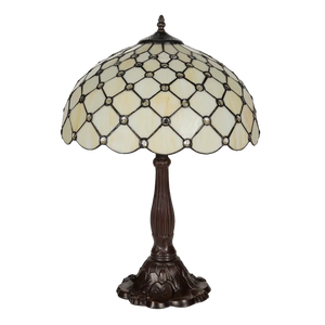 Tiffany tafellamp – Ruitpatroon & Glasjuweeltjes – Ø 40 × H 57 cm (Art. 7051)
