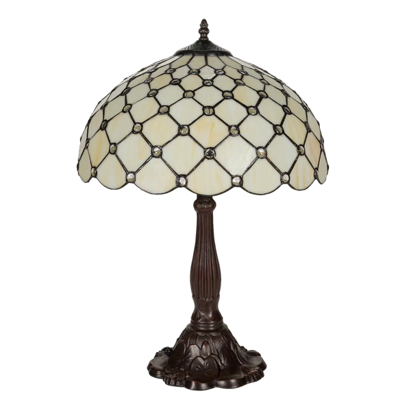 Tiffany tafellamp – Ruitpatroon & Glasjuweeltjes – Ø 40 × H 57 cm (Art. 7051)