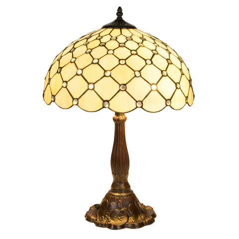 Tiffany tafellamp – Ruitpatroon & Glasjuweeltjes – Ø 40 × H 57 cm (Art. 7051)