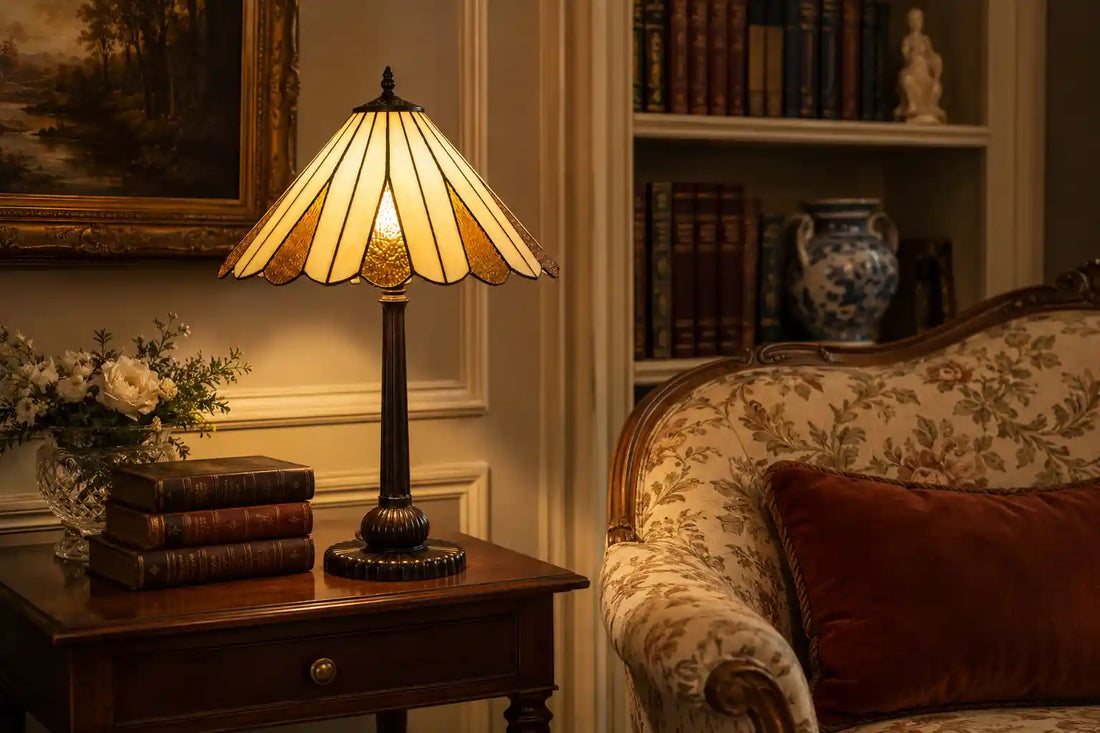 Tiffany tafellamp met crème en amberkleurige glaspanelen op klassieke houten bijzettafel naast gebloemde fauteuil, boeken en kunst | RORUVERA