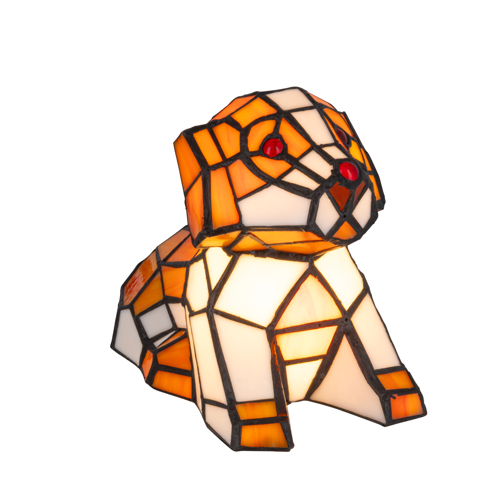 Tiffany hondenlamp – Liggend Hondje in Oranje & Crèmekleuren – H 16,5 cm (Art. 7053)