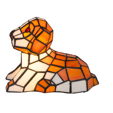 Tiffany hondenlamp – Liggend Hondje in Oranje & Crèmekleuren – H 16,5 cm (Art. 7053)