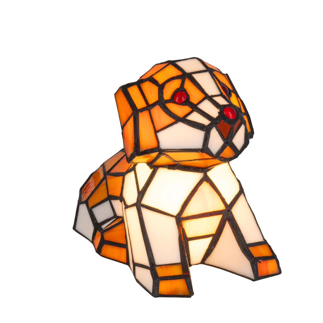 Tiffany hondenlamp Liggend Hondje – Oranje, Crème & Wit – L 25 cm (Art. 7053)