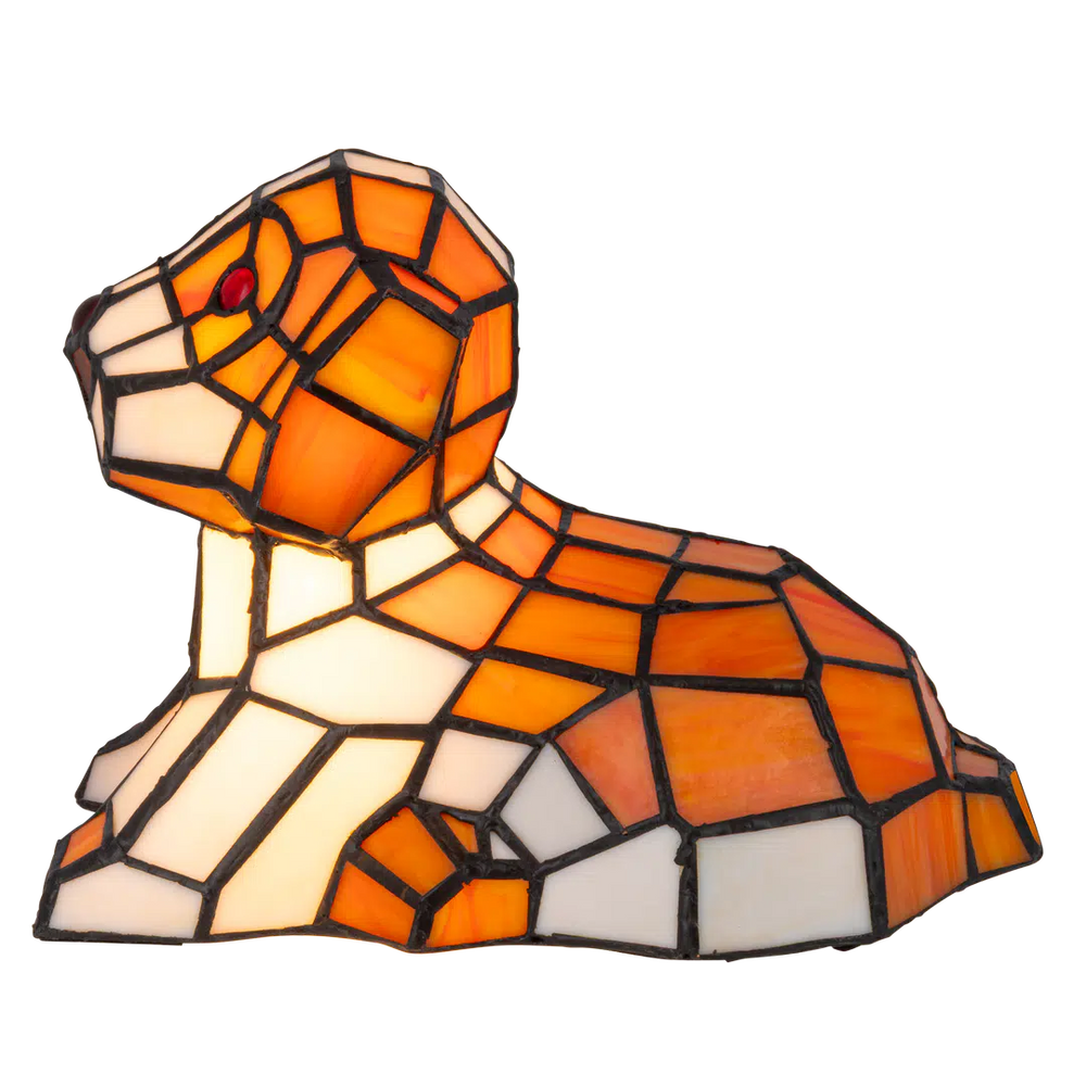 Roruvera Tiffany hondenlamp van glas in lood in oranje-, crème- en wittinten, brandend