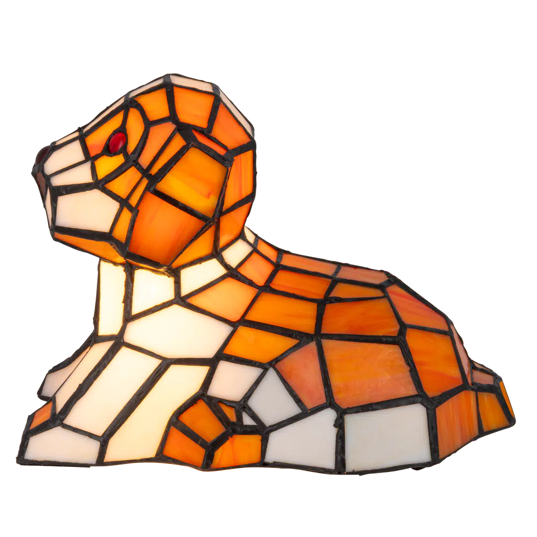 Roruvera Tiffany hondenlamp van glas in lood in oranje-, crème- en wittinten, brandend