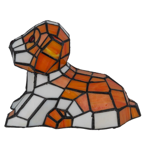 Tiffany hondenlamp – Liggend Hondje in Oranje & Crèmekleuren – H 16,5 cm (Art. 7053)