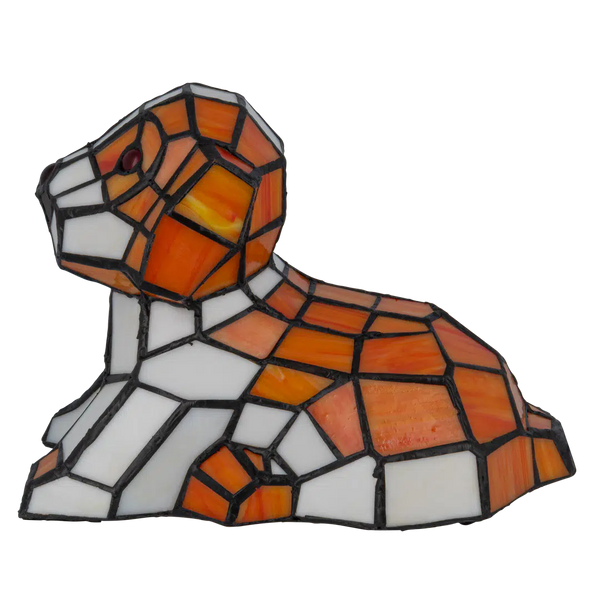 Tiffany hondenlamp van glas in lood in oranje-, crème- en wittinten, uitgeschakeld