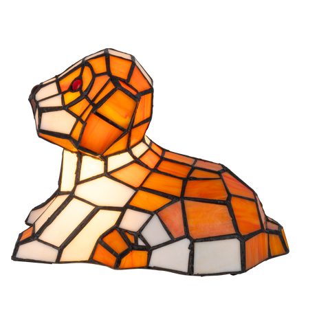 Tiffany hondenlamp – Liggend Hondje in Oranje & Crèmekleuren – H 16,5 cm (Art. 7053)