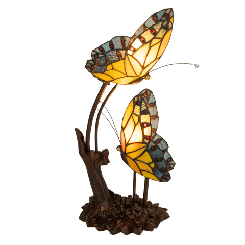 Tiffany tafellamp – Dubbele Vlinder & Bloemrijke Voet – L 17 × B 23 × H 45 cm (Art. 7054)