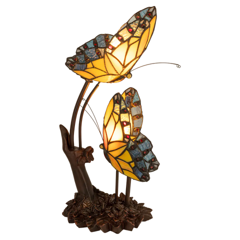 Tiffany tafellamp – Dubbele Vlinder & Bloemrijke Voet – L 17 × B 23 × H 45 cm (Art. 7054)