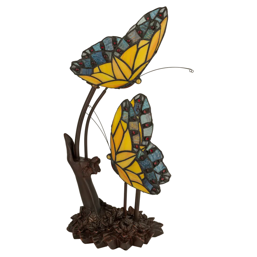 Tiffany tafellamp – Dubbele Vlinder & Bloemrijke Voet – L 17 × B 23 × H 45 cm (Art. 7054)