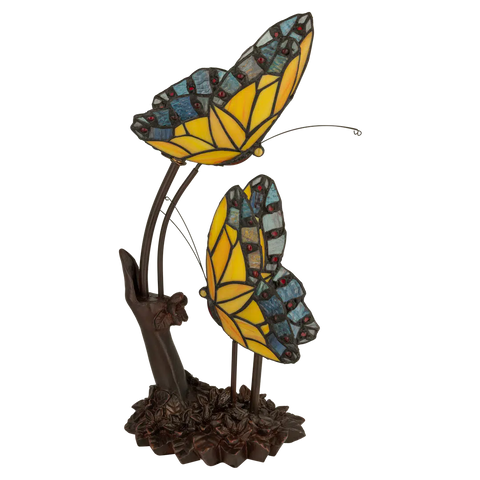 Tiffany tafellamp – Dubbele Vlinder & Bloemrijke Voet – L 17 × B 23 × H 45 cm (Art. 7054)
