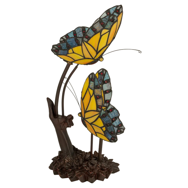 Tiffany tafellamp – Dubbele Vlinder & Bloemrijke Voet – L 17 × B 23 × H 45 cm (Art. 7054)