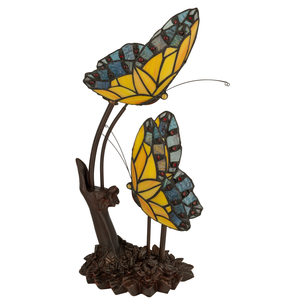 Tiffany tafellamp – Dubbele Vlinder & Bloemrijke Voet – L 17 × B 23 × H 45 cm (Art. 7054)