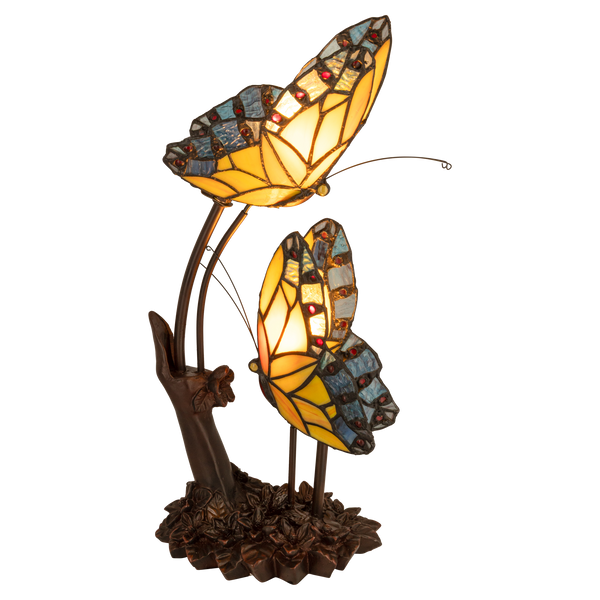 Tiffany tafellamp – Dubbele Vlinder & Bloemrijke Voet – L 17 × B 23 × H 45 cm (Art. 7054)