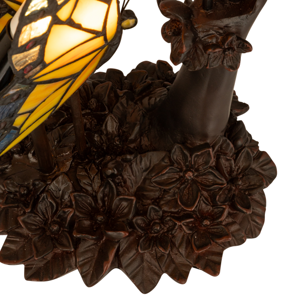 Tiffany tafellamp – Dubbele Vlinder & Bloemrijke Voet – L 17 × B 23 × H 45 cm (Art. 7054)